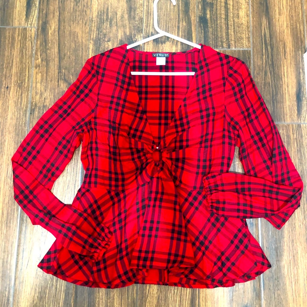 NWT Venus Red & Black Plaid Blouse